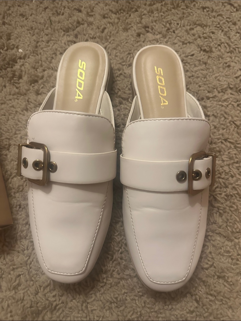Soda White Slip-On Buckle Mules NEW IN BOX.